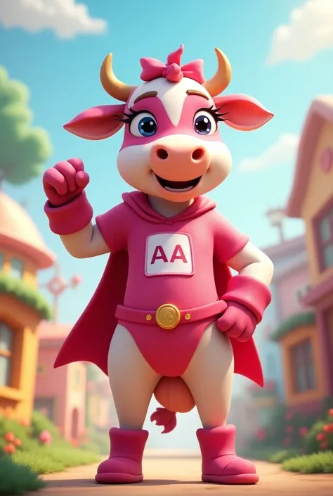  Animated cow wearing a pink superhero costume and her AA badge, long eyelashes and a pink ribbon on her head and her fist with one finger up 