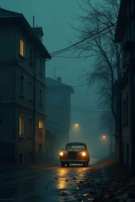  Night street of a small Russian town .  There are typical five-story buildings with glowing windows around.  outside autumn , fog, The leaves are falling. An old car is passing down the street  