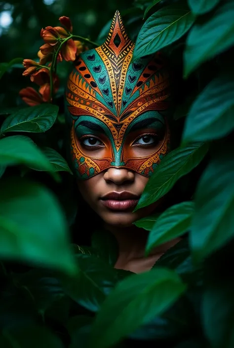 create an image of a woman coming out of a forest with only her face and wearing an African mask on her face and around it various types of leaves like a jungle