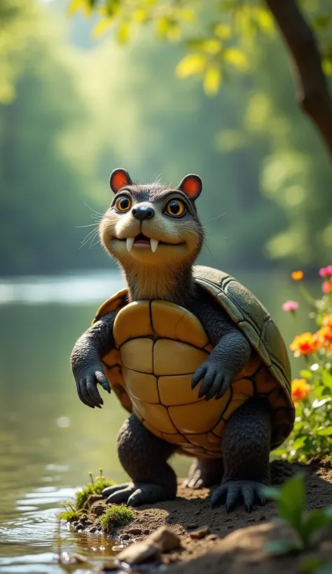 (Hybrid Monster of Turtle and Beaver, standing on the riverbank, a unique creature with a turtle-like shell that has beaver-like fur patches, featuring large, expressive eyes and prominent buck teeth, the scene illustrates a tranquil river with soft ripple...