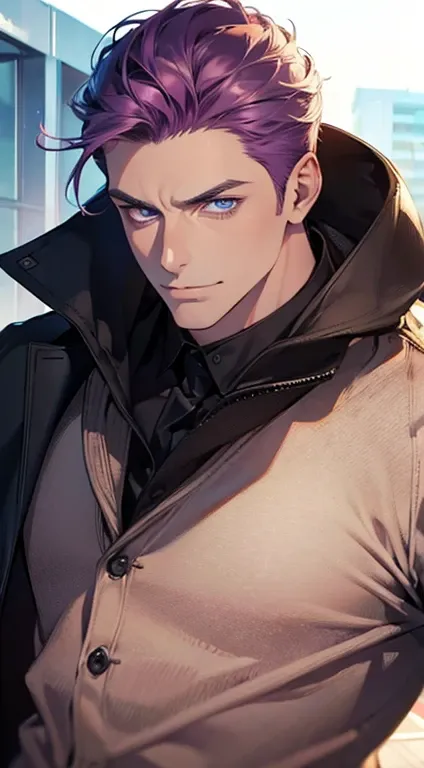 (best quality,4k,8k,highres,masterpiece:1.2),ultra-detailed,(realistic,photorealistic,photo-realistic:1.37),1 man,31 years old,mature man,very handsome,without expression,smile,short purple hair,blue eyes,penetrating gaze,perfect face without errors,imposi...