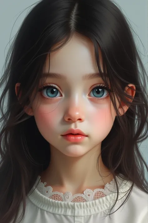 Girl realist with details
Blue eyes dark hair
