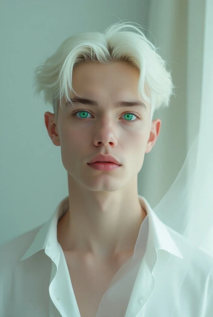 Pretty white man with white hair and green and blue eyes