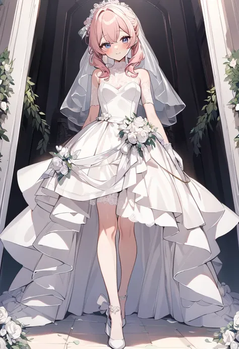 Femboy, short, flat, slim, cute, feminine, wedding dress, {HD}