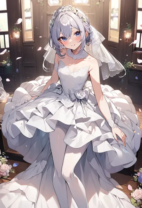 Femboy, short, flat, slim, cute, feminine, wedding dress, {HD}