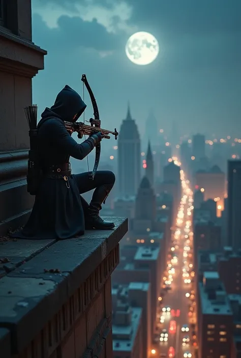 photoreallistic stunning assassin hold hi-tech cross-bow kneeling and aiming from the tip of a high building to the down town ta...