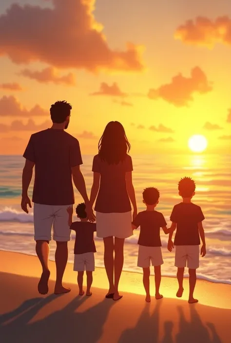 A Brazilian family of five with mom, dad and 3 s. With 2 boys and 1 girl. The girl is the middle . They dad, mom and 2 boys wear dark brown shirt with white short while the daughter wears brown shirt with white skirt. They are playing at the beach. There i...