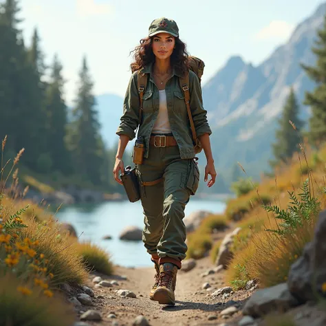 Brunette softly curly explorer girl walking across a path. heavy duty boots, reinforced pants, reversed cap, backpack, compass and canteen at belt, nature, confident, mountains and lake at background, perfect body, photorrealistic
