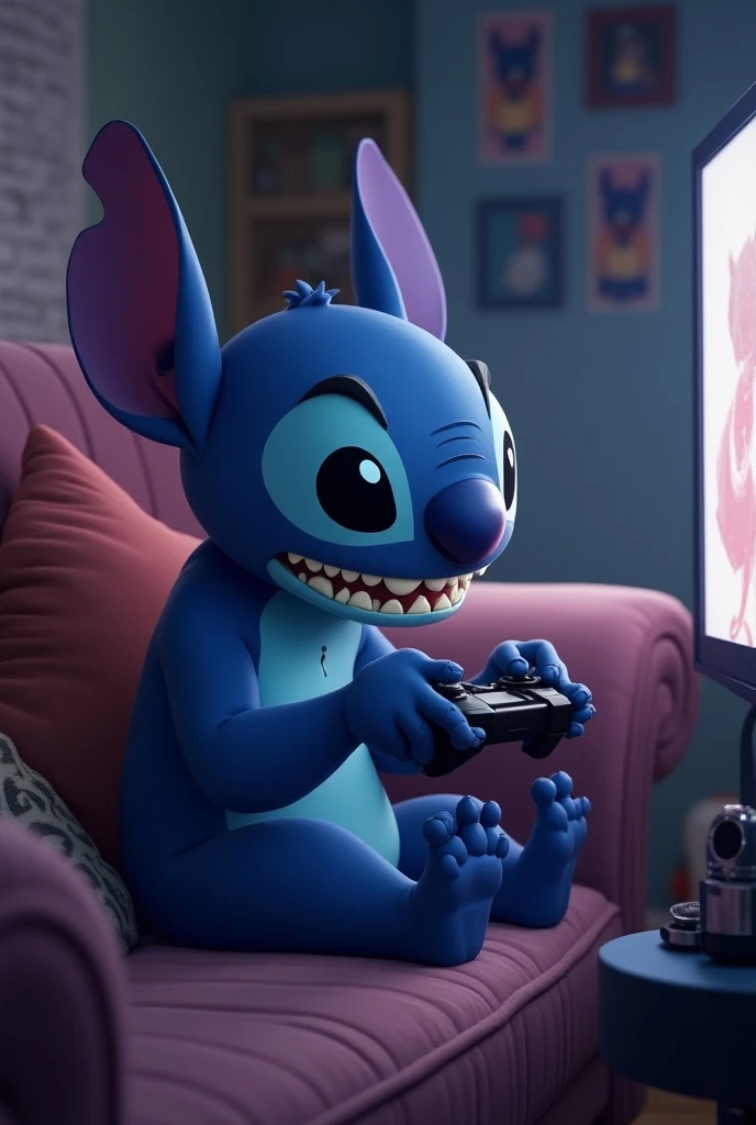 Stitch playing a video game