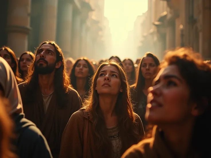  Scene 37 - Prophetic Representation of the Redemption and the Recognition of the Messiah , inspired by Zechariah 12 :10

Prompt:  A realistic scene of a diverse and emotionally involved crowd life ,  with faces expressing regret and hope , looking at the ...