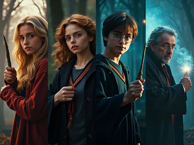 create 4 images, each one recreating iconic scenes from the Harry Potter movies 