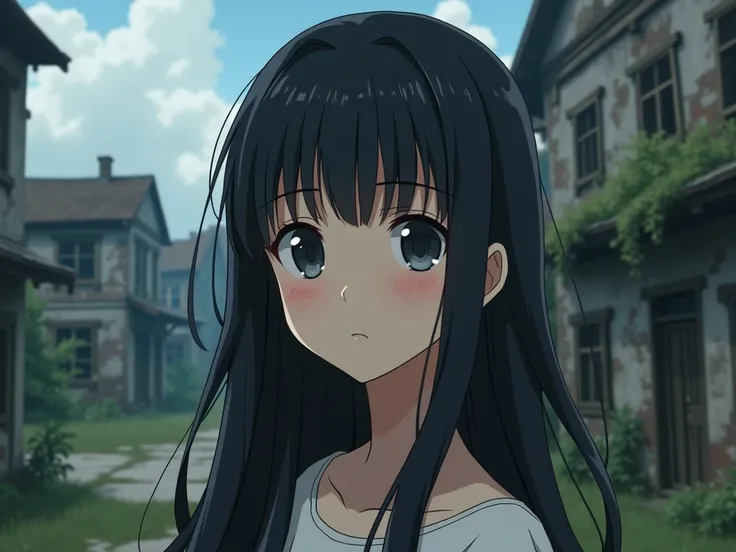 Teenager with straight black and long hair realistic anime style ,  with nervous expression with the abandoned town Armero in the background