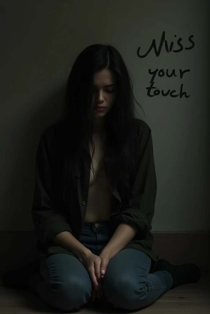 A long-haired Arab girl sitting sadly with her head near her knees in a dark room wearing only an open-breasted drill blouse with a wall written on it "miss your touch "