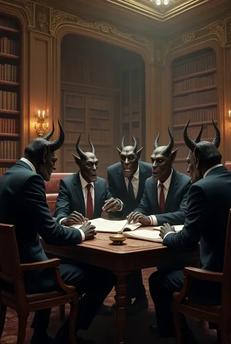 A group of demons in suits discussing in a classical library.