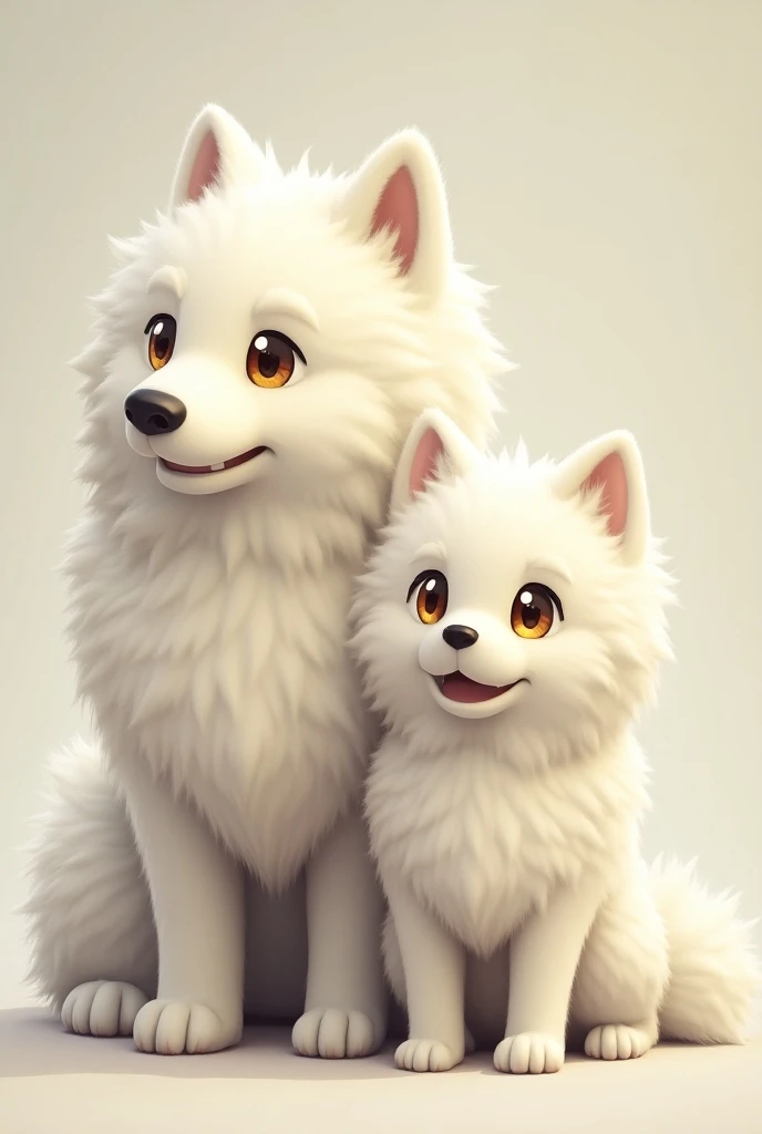 two Samoyed dogs both white Pokémon .  style one old and one young both with brown eyes and medium size