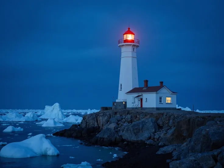 lighthouse of antarcatica at night. lighthouse is white and round in shape with atleast 70 mt in height with red top light room with no antenas, with one entrace door with steps on rock bed with one room house next to it. natural and realistic frozen sea m...