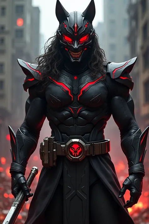  Create a power ranger that has the following characteristics:  Black with red details , Helmet of a hellhound , Red Visor ,  strong physique with a huge sword 