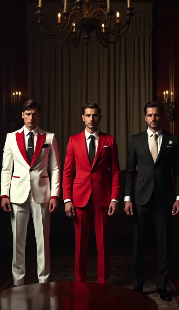 A group of stylized mobsters ,  inspired by the universe of the movie Jason ,  in a dark and elegant environment .  Each mobster is dressed in sophisticated suits in the colors white , red and black.  The first mobster wears a white suit with red details ,...