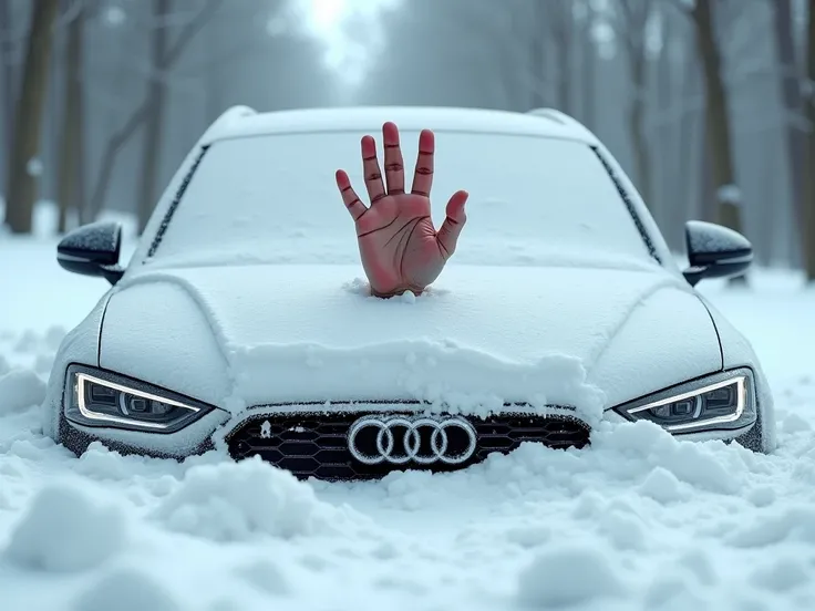 realistic image of a car covered in snow with only a very realistic persons hand inside appearing on the windshield in the shape of a tombnail