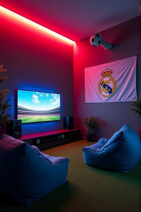 I want it to be a gaming room, containing a PlayStation 4 and a screen with a dim RGB light behind it, completely artificial grass on the floor, and two GreatBeanBags chairs next to each other, on the wall a flag for the Real Madrid team, on the upper corn...