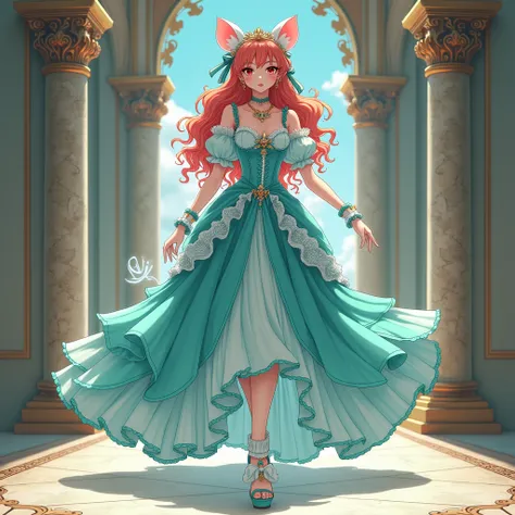 ( best quality ,4K,8k, highres icon,masterpiece:1.2), ultra-detailed, ******  pretty albina has a sea princess ,  designed in 2D anime style , Steampunk,  hair ribbons wearing an iridescent turquoise princess dress with puffy sleeves , Steampunk,  beautifu...