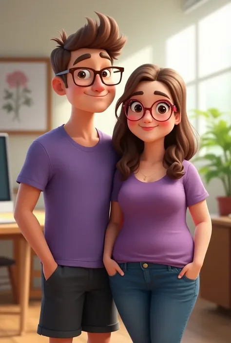 Animated Pixar-like poster of a young man with short light brown hair brushed upwards, light brown eyes, rectangular brown lenses ,  Thick lips, big nose, purple t-shirt dress with black shorts , together with overweight girl  , with long wavy brown hair, ...