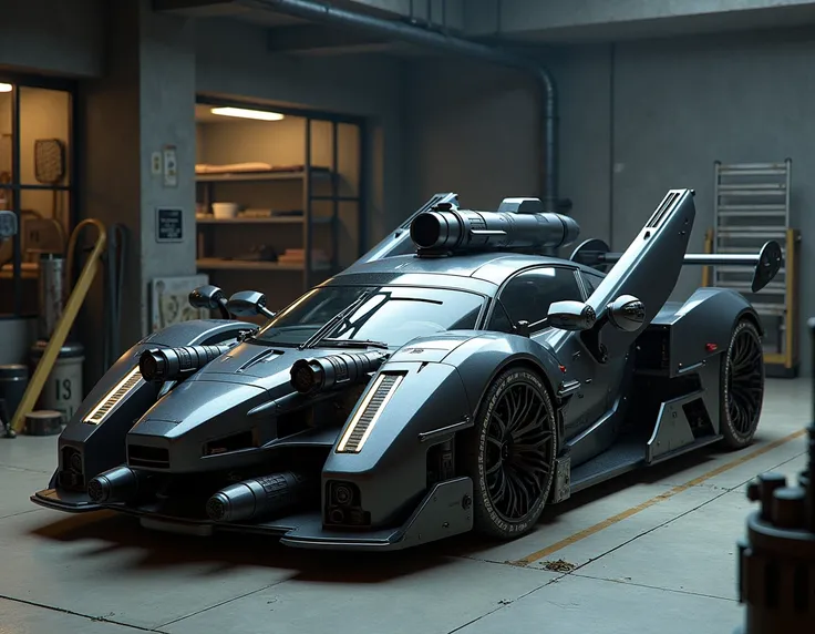 Generate a realistic image of a super car with wings filled with heavy guns packed in a garage