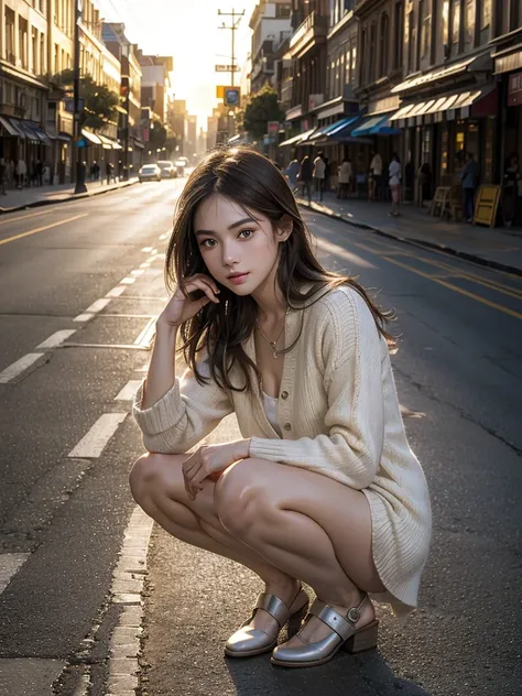 (photo realistic:1.35),  masterpiece, best quality, CG, wallpaper, HDR, high quality, high-definition, extremely detailed, 
(Intricate details), (Subtle details), (Intricate details), 

1girl, 
(in The city street), 
((Just before the sun sets, sunset ligh...