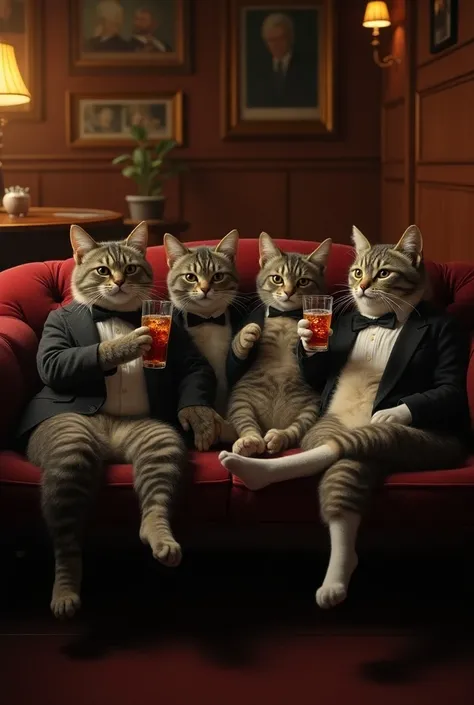 
cats sitting on the sofa in a bar drinking coca cola