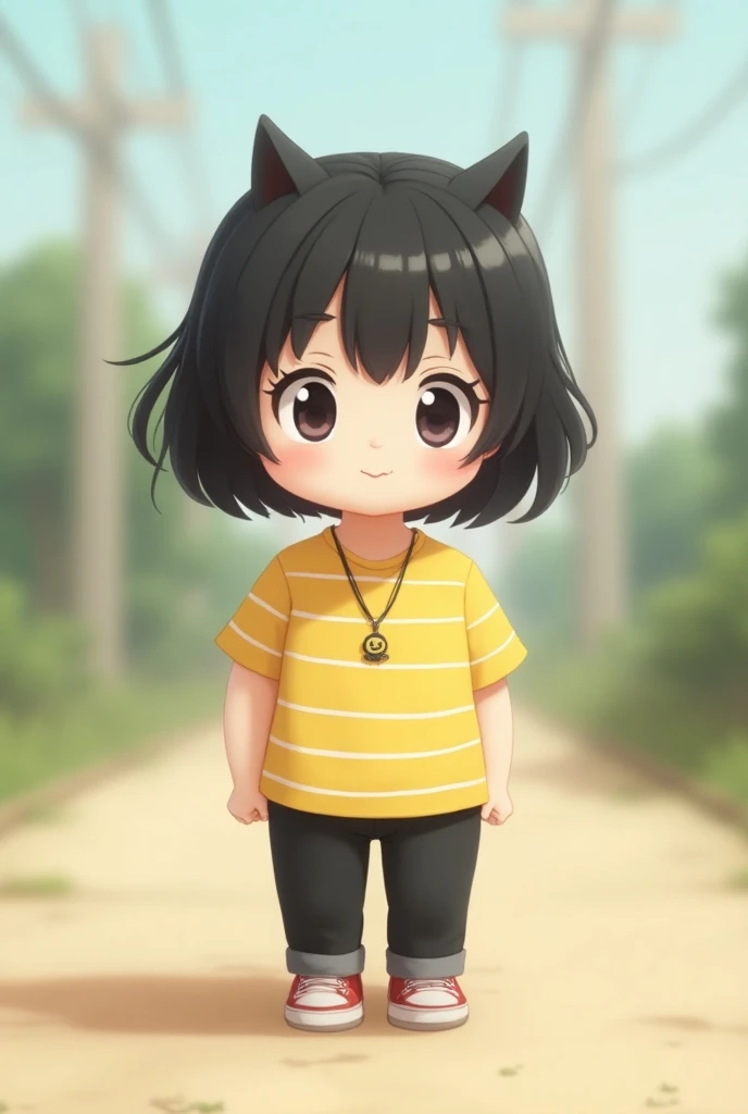 The animated character Hello Kitty with short black hair in a yellow t-shirt with horizontal white stripes, with black pants and a necklace that has a happy face 