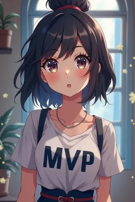 An anime style woman, from wizard class, with a shirt that says mvp, adult and cute face