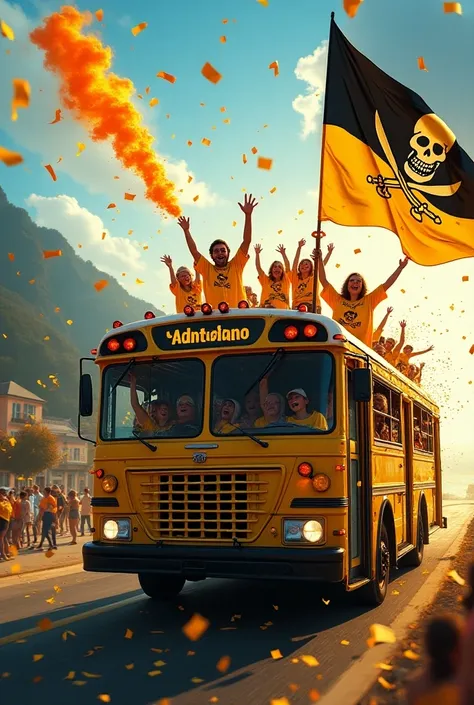 Passenger bus traveling along Route 5 to Santiago , where people in yellow and black t-shirts peek out the windows, flaming flags of black pirate skulls and yellow and black flags, throwing shredded paper and shouting happy 