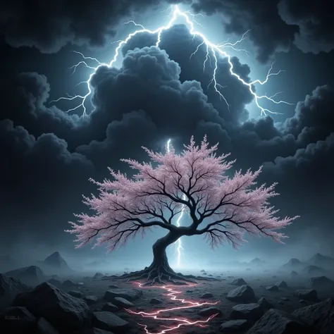 
“A dramatic and intense scene featuring a cherry blossom tree in the foreground. Behind the tree, a dark, ominous sky is filled with thick, swirling black storm clouds. A powerful lightning bolt strikes the top of the cherry blossom tree, illuminating the...