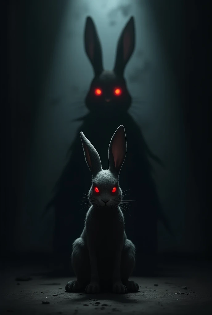 Bunny in a dark room with his shadow behind with red eyes and the word Main Evil 