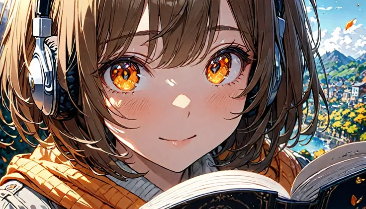 background：Cafe window、 falling leaves dancing outside 。  
expression： quietly concentrating on the book 、Suddenly smiling 。  
Costume： casual jacket and scarf 。  
Pose： holding a cup 、 holding a book with one hand 。  
scene：( brown-haired girl wearing hea...