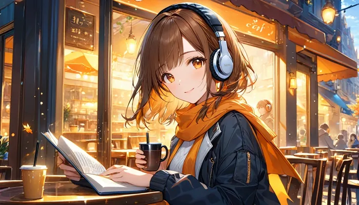 background：Cafe window、 falling leaves dancing outside 。  
expression： quietly concentrating on the book 、Suddenly smiling 。  
Costume： casual jacket and scarf 。  
Pose： holding a cup 、Holding a book with one hand 。  
scene：( brown-haired girl wearing head...