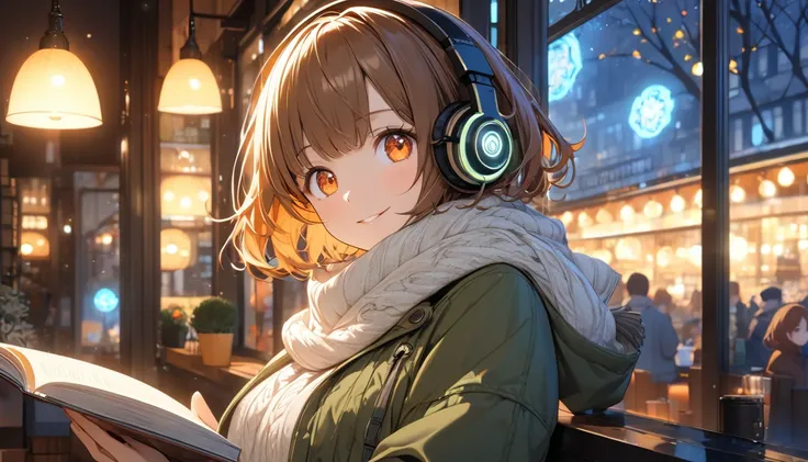 background：Cafe window、 falling leaves dancing outside 。  
expression： quietly concentrating on the book 、Suddenly smiling 。  
Costume： casual jacket and scarf 。  
Pose： holding a cup 、Holding a book with one hand 。  
scene：( brown-haired girl wearing head...