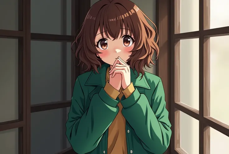  Anime style girl near a window showing her breasts ,  only covered her nipple with her hands and wearing a green coduroy coat. The girl with brown eyes ,  curly brown hair up to her shoulders , piel Blanca. Let only clothing be the coat, Let it be in a ca...