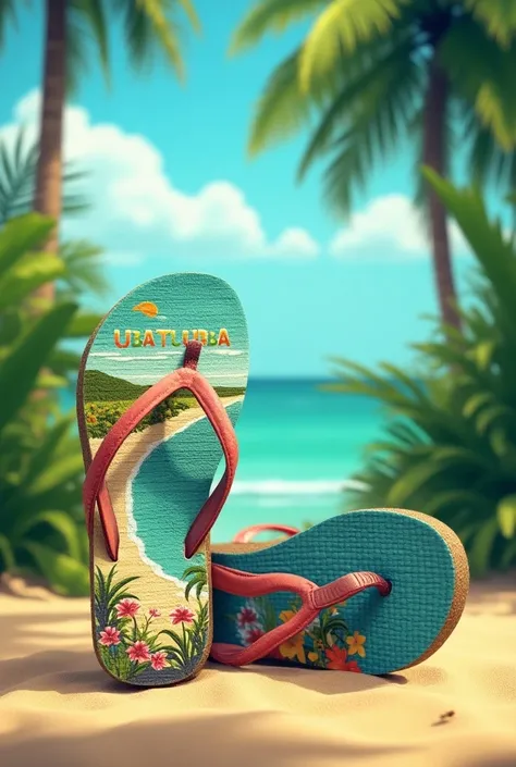 Create a flip flop with the Ubatuba logo written with the image of Ubatuba on the flip flop 