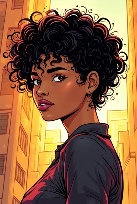 Do it for me: Spiderverse comics panel.  Woman with short curly hair.