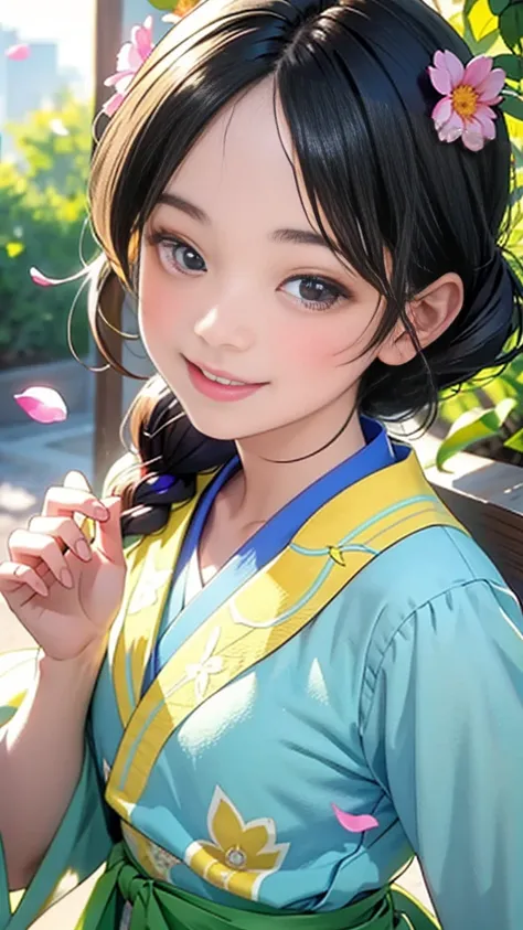 refreshing morning,smile,The morning sunlight and flower petals are dancing,close up of face,Banzai,girly clothes,blue and yellow and green and purple