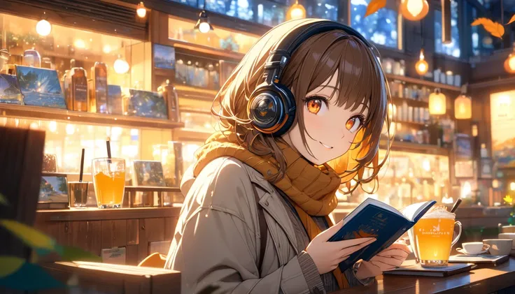 background：Cafe window、 falling leaves dancing outside 。  
expression： quietly concentrating on the book 、Suddenly smiling 。  
Costume： casual jacket and scarf 。  
Pose： holding a cup 、Holding a book with one hand 。  
scene：( brown-haired girl wearing head...