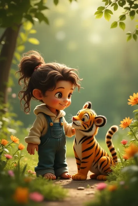 A small , , king, long curly hair, with hair tied up, smiling, wearing overalls, playing in a garden with a baby tiger.