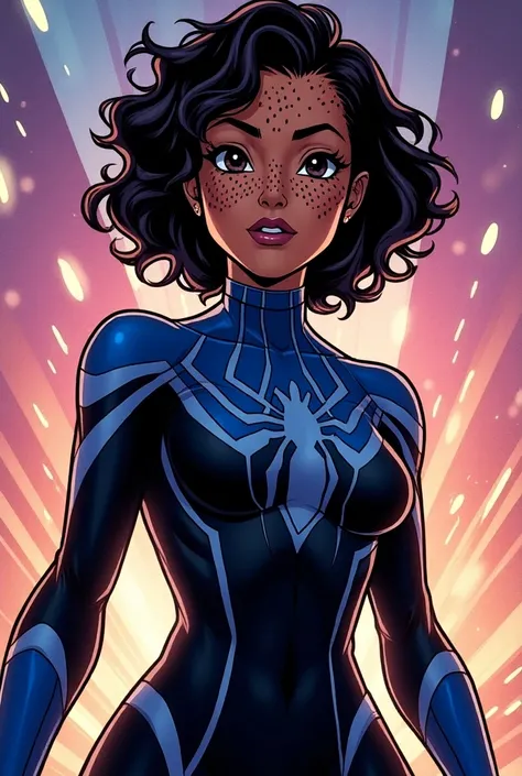 Do it for me: Spiderverse comics panel. Short hair woman, shoulder height,  curly dark brown .  Dressed in the uniform dark blue and black spider.  Brown skin and dark brown eyes , with spots across the face .