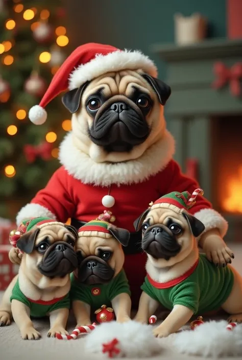 Pug dressed as Santa with baby pugs like elves

