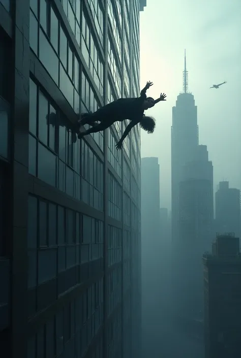 Person falling from a building that shows the building as a whole 