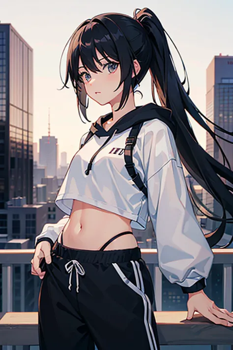 very good image, a cute beautiful anime tomboy girl, long black hair, hu tao , ponytail, white crop top hoodie, black training p...