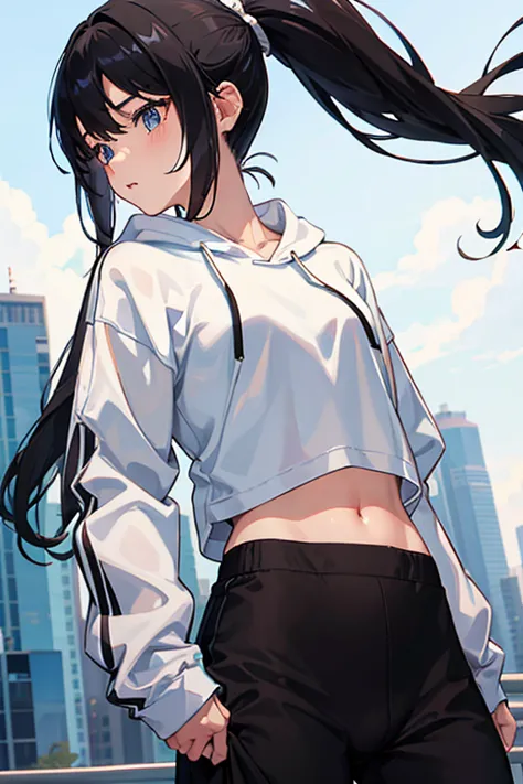 very good image, a cute beautiful anime tomboy girl, long black hair, hu tao , ponytail, white crop top hoodie, black training p...