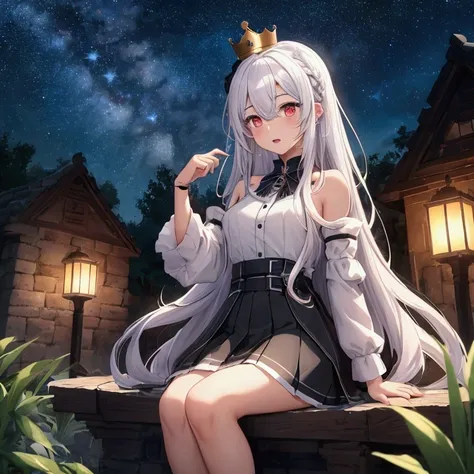 (masterpiece)，( best quality )，illustration，Super details，hdr，Depth of Field，(color)，1 Girl，skirt，白skirt，Red Eyes，Long hair，crown，White hair，barefoot，Sitting，skull，food，throne， very long hair ，bone，Open mouth， Hair between the eyes ，solo， looking at the au...