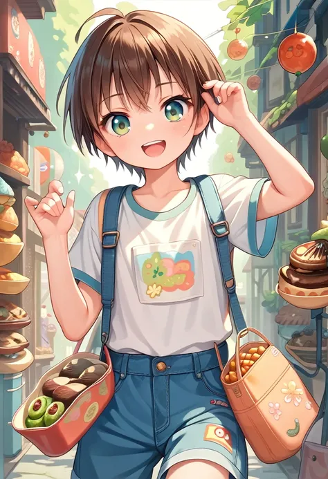 masterpiece, Best Quality, Very detailed, anime, girl,brown Hair,extra short hair,boyish,Tomboy,short,Flat Chest, joyful,Surrounded by many kinds of sweets,in the sweets buffet 